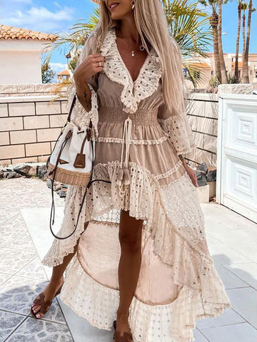 Woochic robe longue dentelle court devant longue derriere v-cou manches 3/4 bohème plage Khaki S